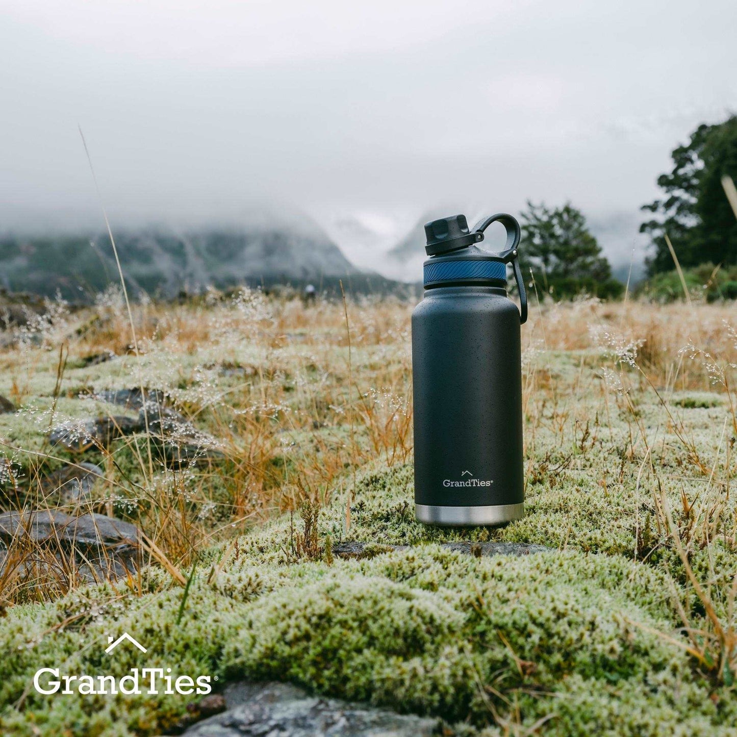Insulated Travel Water Bottle with Two Stylish Ergonomic Handle Lids 32oz/946ml - Midnight Black - Grandties