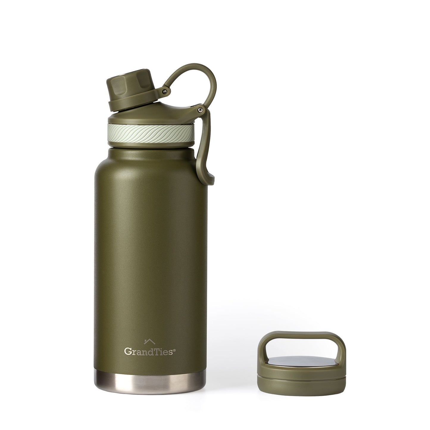 Insulated Travel Water Bottle with Two Stylish Ergonomic Handle Lids 32oz/946ml - Olive Green - Grandties
